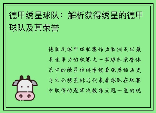 德甲绣星球队：解析获得绣星的德甲球队及其荣誉