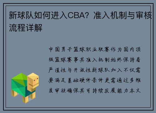 新球队如何进入CBA？准入机制与审核流程详解