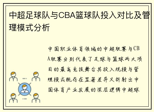 中超足球队与CBA篮球队投入对比及管理模式分析