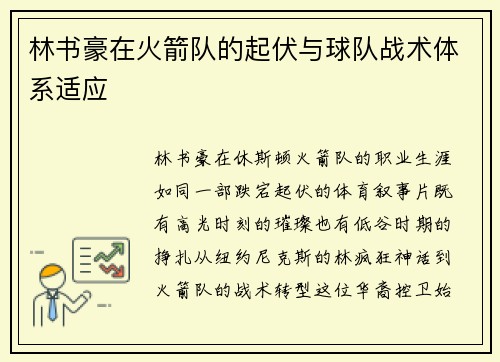 林书豪在火箭队的起伏与球队战术体系适应